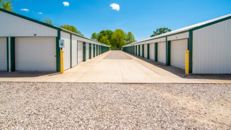 Row of Storage Units on Paved Road.