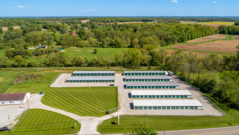 Sky view of exterior of storage units at Prestige Storage in Centerburg, OH.