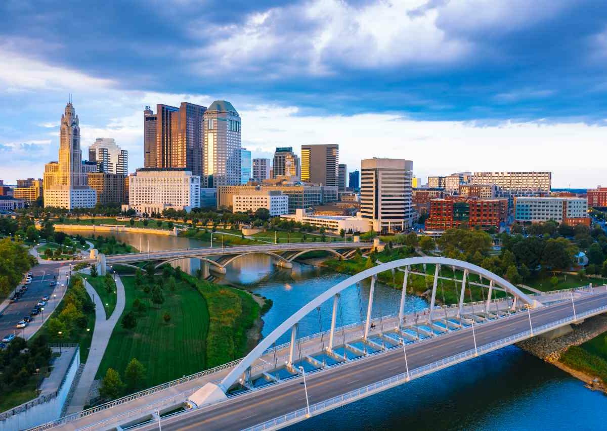 An aerial shot of downtown Columbus over the Scioto river